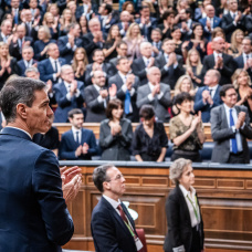 El presidente del Gobierno, Pedro Sánchez, durante la visita del Papa León XIV al Congreso de los Diputados.