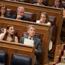 El presidente del PP, Alberto Núñez Feijóo, y la portavoz del PP en el Congreso, Ester Muñoz, durante una sesión plenaria, en el Congreso de los Diputados, a 28 de mayo de 2026, en Madrid (España). Durante el pleno de hoy, la cámara ha recibido la presentación del informe del Defensor del Pueblo correspondiente a la gestión realizada durante el año 2025. Además los diputados votan la convalidación o derogación del Real Decreto-ley por el que se modifica la aportación de los usuarios y sus beneficiarios en la prestación farmacéutica ambulatoria, que entró en vigor el pasado 13 de mayo.

Isa Saiz / Europa Press
28/5/2026