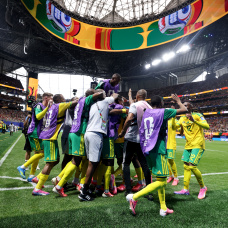 ATLANTA, GEORGIA - JUNE 18: Teboho Mokoena #4 of South Africa celebrates with teammates after scoring a penalty for the team's first goal during the FIFA World Cup 2026 Group A match between Czechia and South Africa at Atlanta Stadium on June 18, 2026 in Atlanta, Georgia. (Photo by Lars Baron/Getty Images)