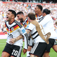 TORONTO, ONTARIO - JUNE 20: Deniz Undav #26 of Germany celebrates with teammates after scoring his team's second goal during the FIFA World Cup 2026 Group E match between Germany and Cote D'Ivoire at Toronto Stadium on June 20, 2026 in Toronto, Ontario. (Photo by Alexander Hassenstein/Getty Images)