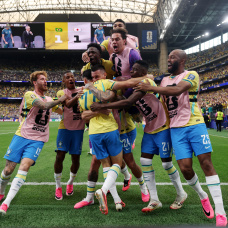 HOUSTON, TEXAS - JUNE 29: Gabriel Martinelli #22 of Brazil celebrates with teammates after scoring the team's second goal during the FIFA World Cup 2026 Round Of 32 match between Brazil and Japan at Houston Stadium on June 29, 2026 in Houston, Texas. (Photo by Lars Baron/Getty Images)