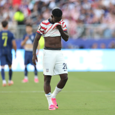 SANTA CLARA, CALIFORNIA - JULY 01: Folarin Balogun #20 of the United States reacts to receiving a red card for a foul on Tarik Muharemovic #4 of Bosnia and Herzegovina during the FIFA World Cup 2026 Round of 32 match between USA and Bosnia and Herzegovina at San Francisco Bay Area Stadium on July 01, 2026 in Santa Clara, California. (Photo by Charlotte Wilson/Getty Images)