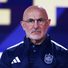 NEW YORK, NEW YORK - JULY 17: Luis De La Fuente, Head Coach of Spain, looks on during a press conference ahead of the FIFA World Cup 2026 Final at Fanatics Fest at Javits Center on July 17, 2026 in New York, New York. (Photo by Elsa/Getty Images)