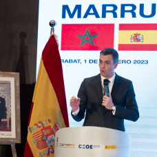 El presidente de Gobierno, Pedro Sánchez, en la XII Reunión de Alto Nivel Marruecos-España de 2023, celebrada en Rabat