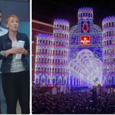 Pere Fuset con Pilar Soriano, y las calles iluminadas de Ruzafa en Fallas