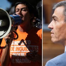 La portavoz del Sindicato de Inquilinas, Alicia del Río (izq.); y el presidente del Gobierno, Pedro Sánchez.