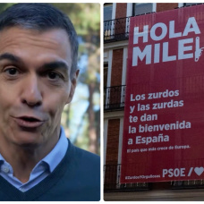 Pedro Sánchez y la pancarta contra Milei en Ferraz