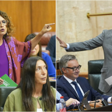La líder de la oposición y del PSOE-A, María Jesús Montero, y el presidente de la Junta de Andalucía, Juanma Moreno (PP-A), durante la sesión de control.