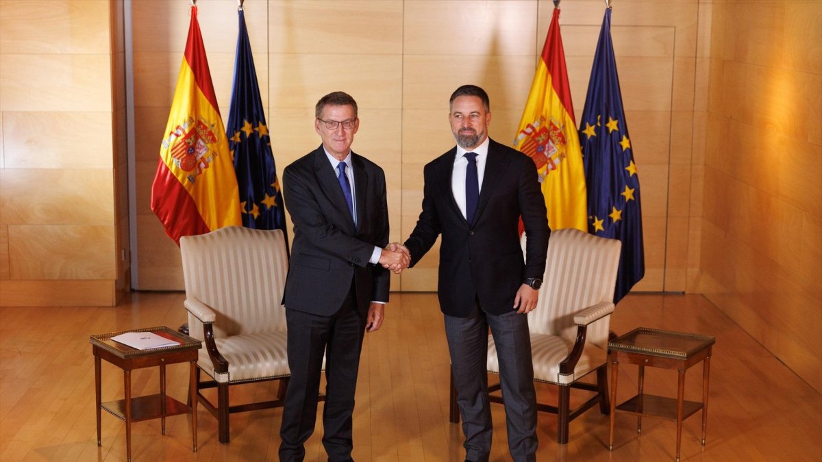 El lider del PP, Alberto Núñez Feijóo y el líder de VOX, Santiago Abascal se saludan a su llegada a una reunión en el Congreso de los Diputados