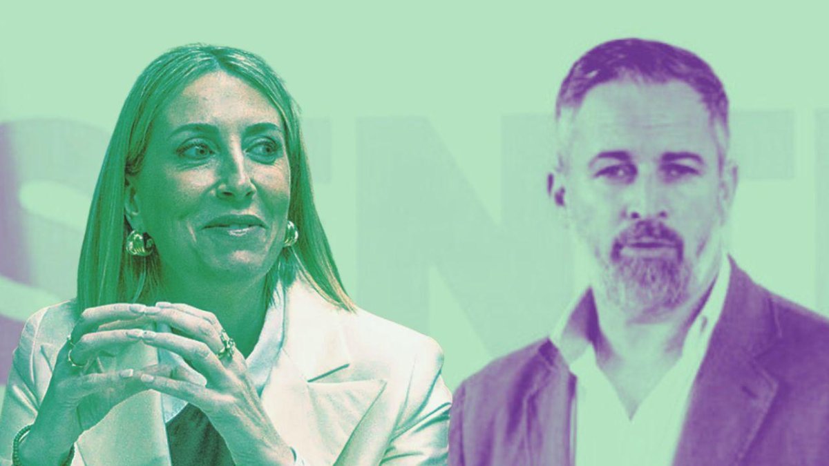 La presidenta en funciones de la Junta de Extremadura María Guardiola y el líder de Vox, Santiago Abascal
