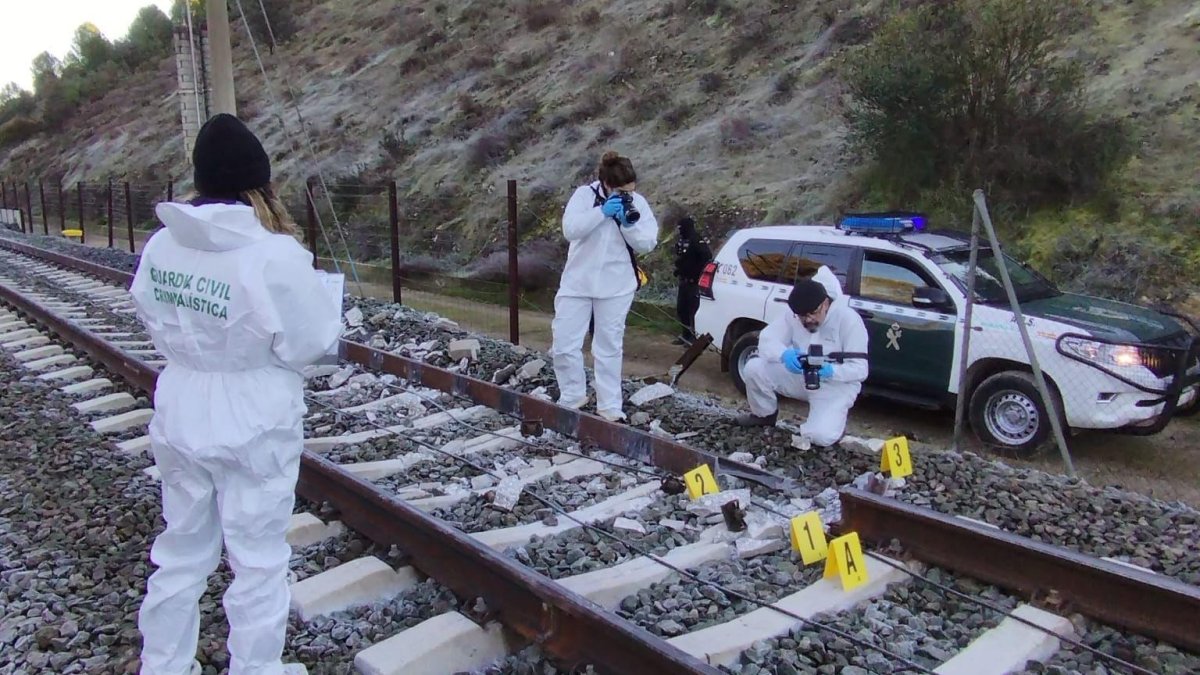 Agentes de la Guardia Civil inspeccionan la vía del tren donde descarrilaron dos trenes de alta velocidad en Adamuz (Córdoba).