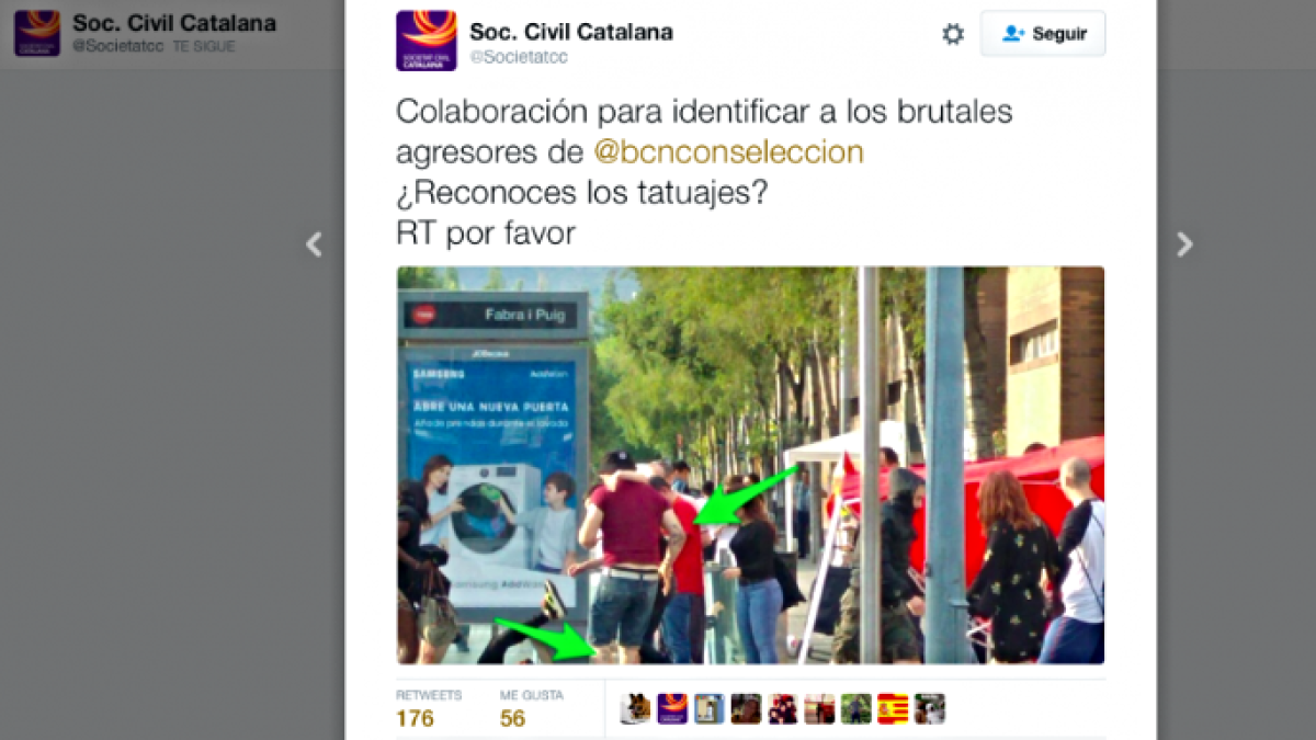 Societal Civil Catala pide colaboración para identificar a los salvajes agresores.