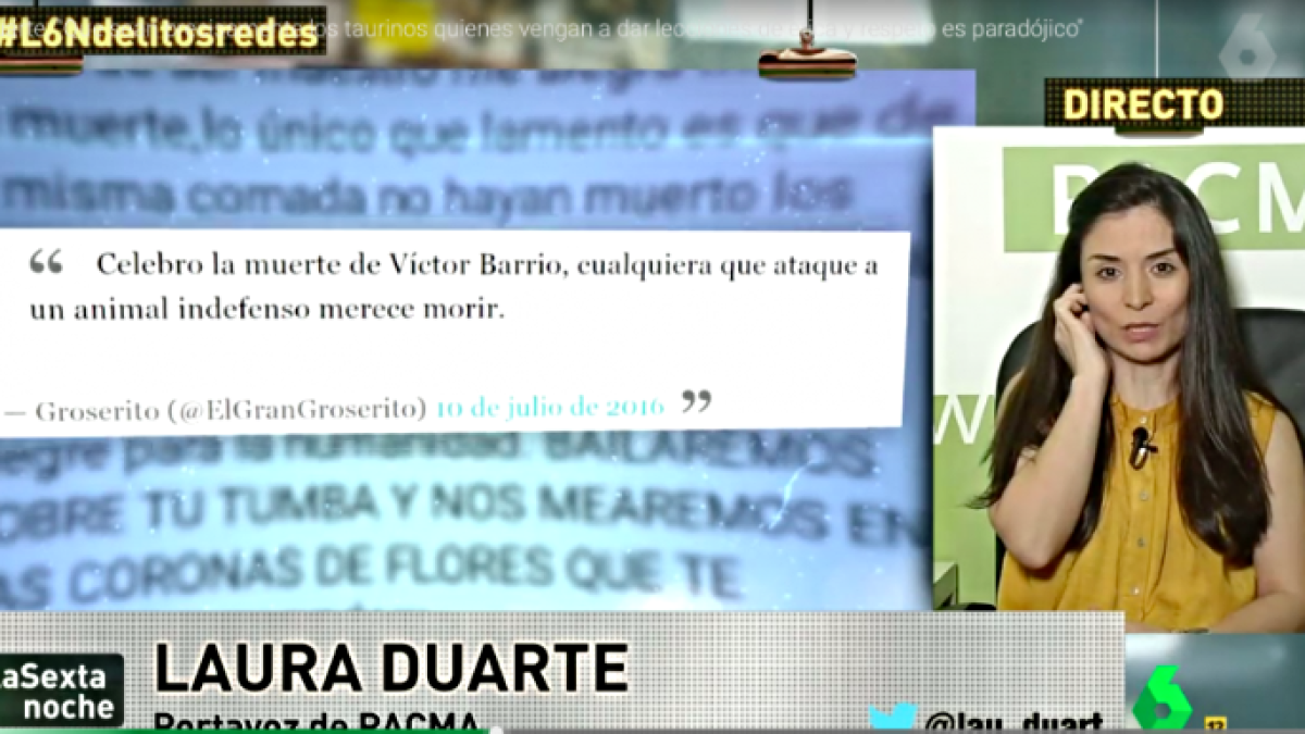 Un momento de la entrevista a la portavoz de PACMA en La Sexta Noche.