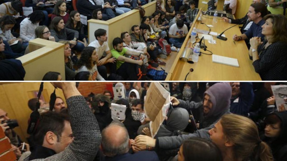Arriba el recibimiento a Pablo Iglesias. Abajo, el de Felipe González.