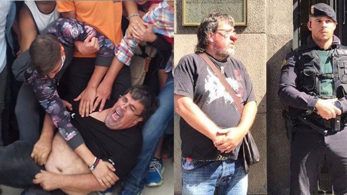El concejal de ERC, Jordi Pesarrodona, este domingo y el día en que se burlaba de la Guardia Civil.