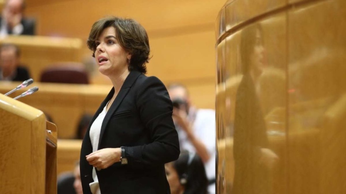 La vicepresidenta, este jueves en el Senado, defendiendo la aprobación del 155.