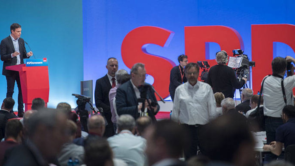 Pedro Sánchez durante su intervención en el Congreso del SPD alemán.