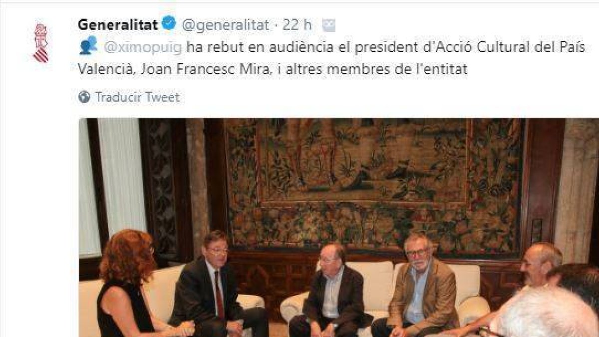 Puig recibe a Acció Cultural pero aún no ha encontrado tiempo para Lo Rat Penat