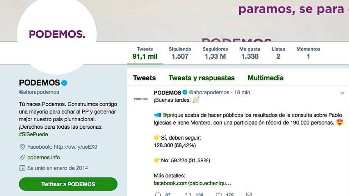 Podemos ha anunciado los resultados en Twitter y Pablo Echenique en su Facebook.