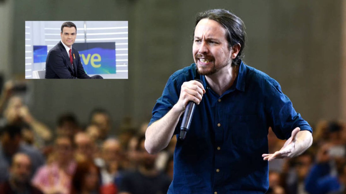 Iglesias, en Valencia, junto al rostro de Sánchez en TVE