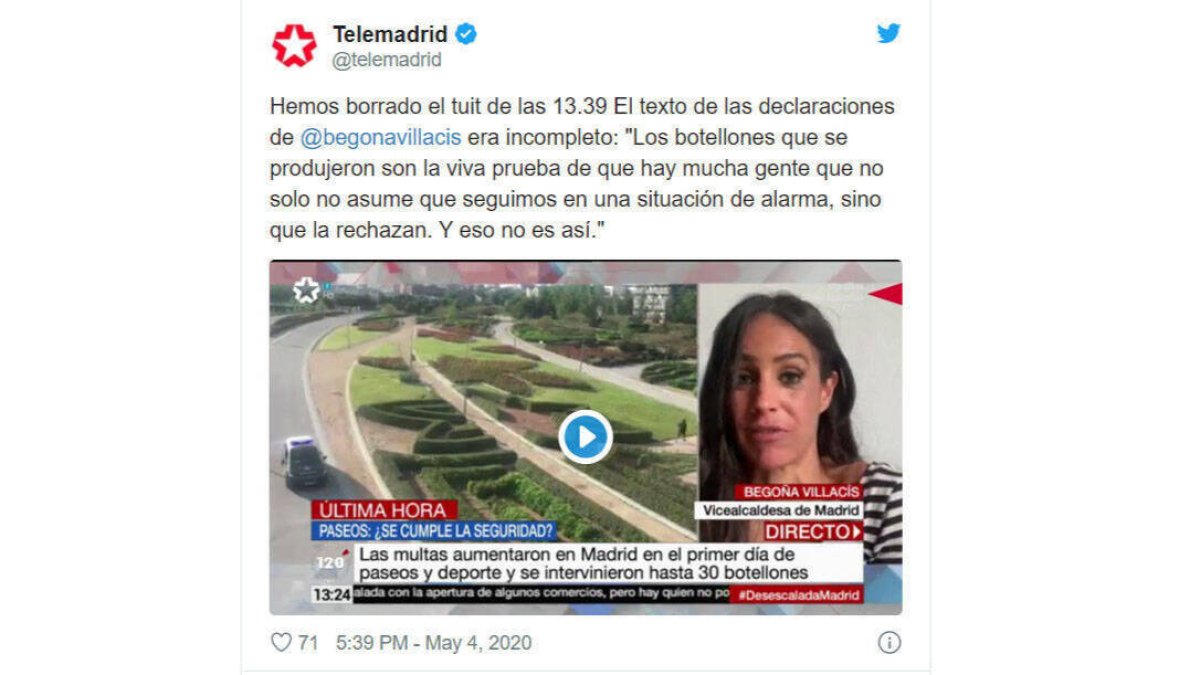 El tuit de Telemadrid retractándose pero sin rastro de disculpas.