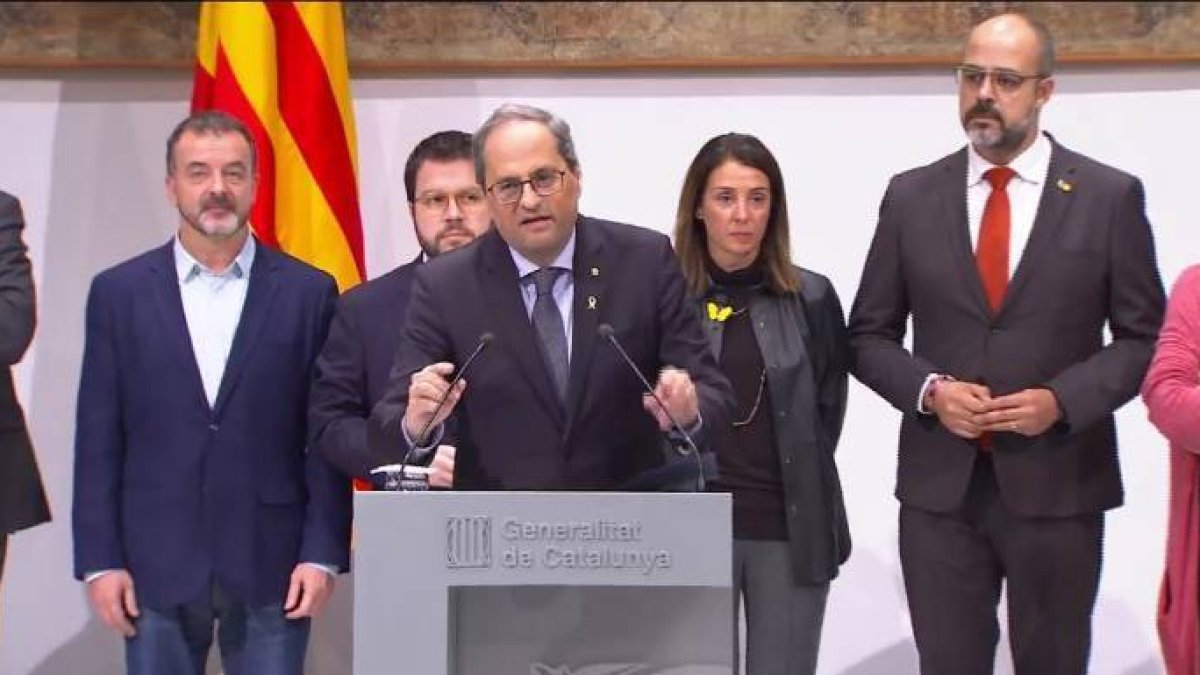 Torra y su gabinete en su declaración de este viernes tras ser inhabilitado.