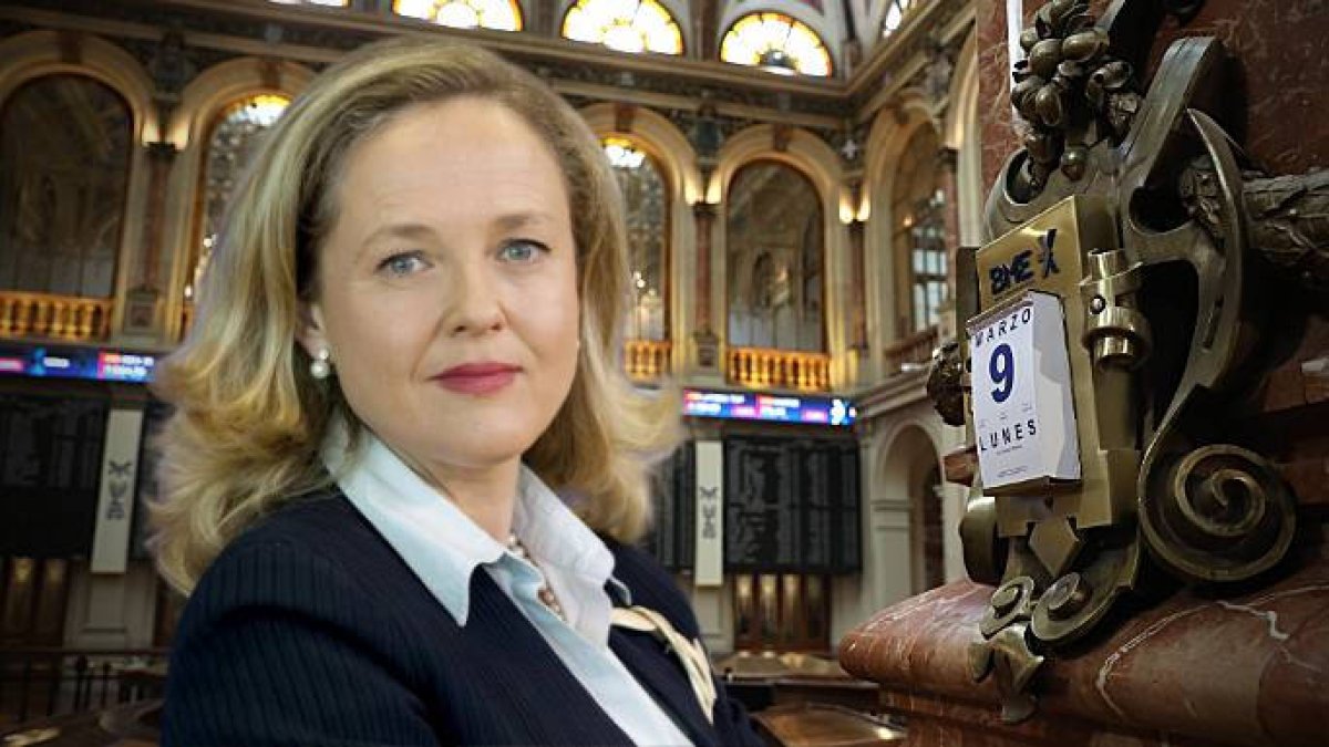 La ministra de Economía, Nadia Calviño, sobre una imagen de la Bolsa