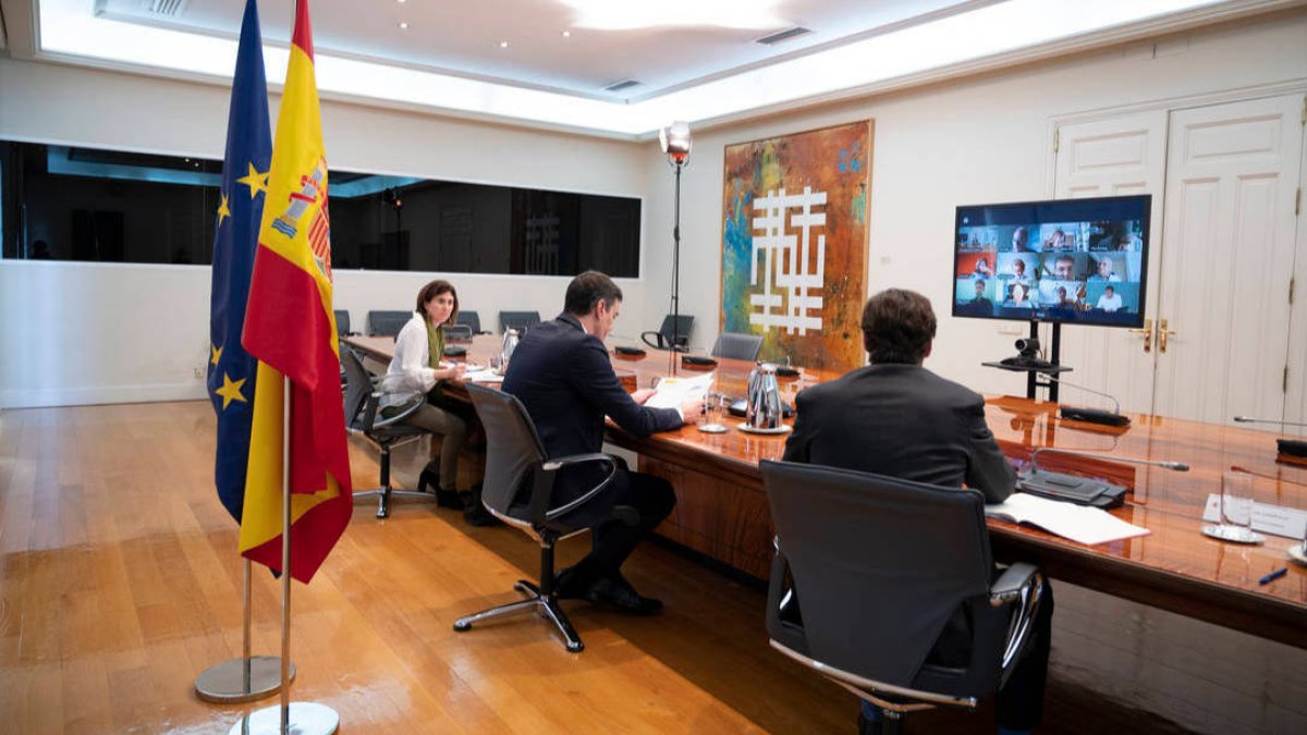 Pedro Sánchez presidiendo la última reunión del comité científico que asesora al Gobierno.