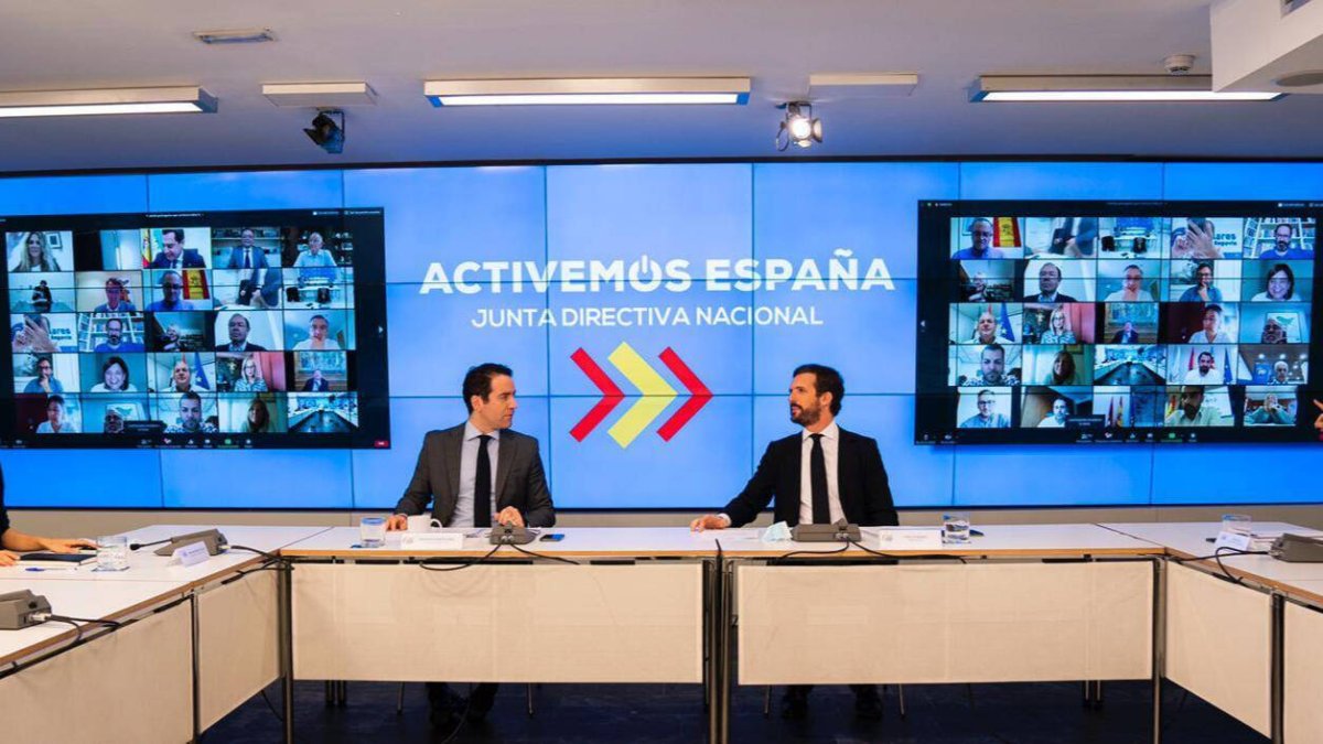 Casado presidiendo la Junta Directiva Nacional telemática del PP.