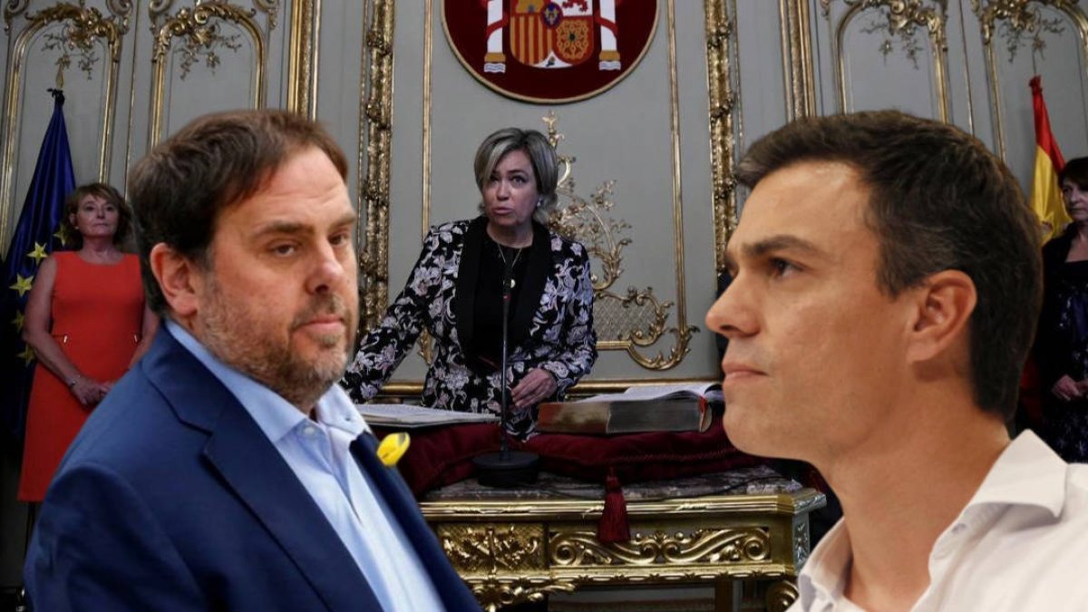 Consuelo Castro, máxima dirigente de la Abogacía del Estado, entre Junqueras y Sánchez