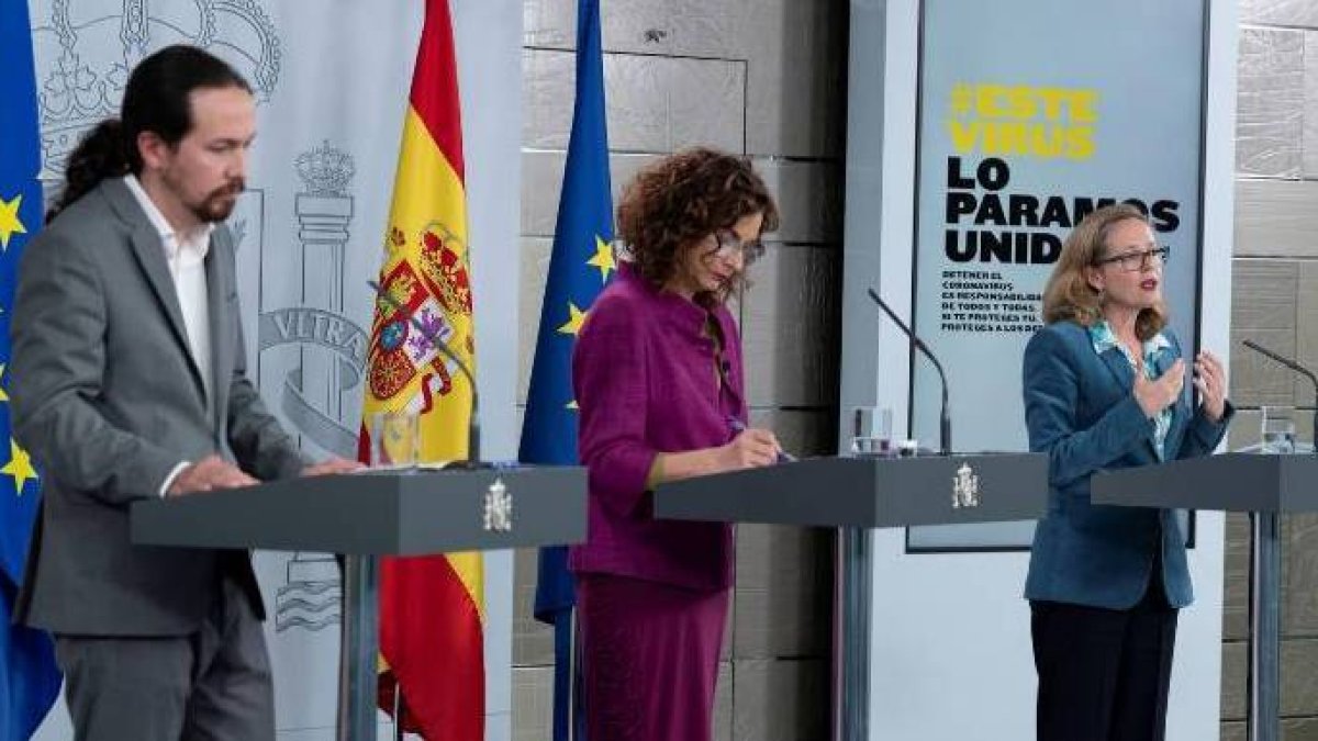 Iglesias, Montero y Calviño, en una de las comparecencias sobre las ayudas frente al Covid.