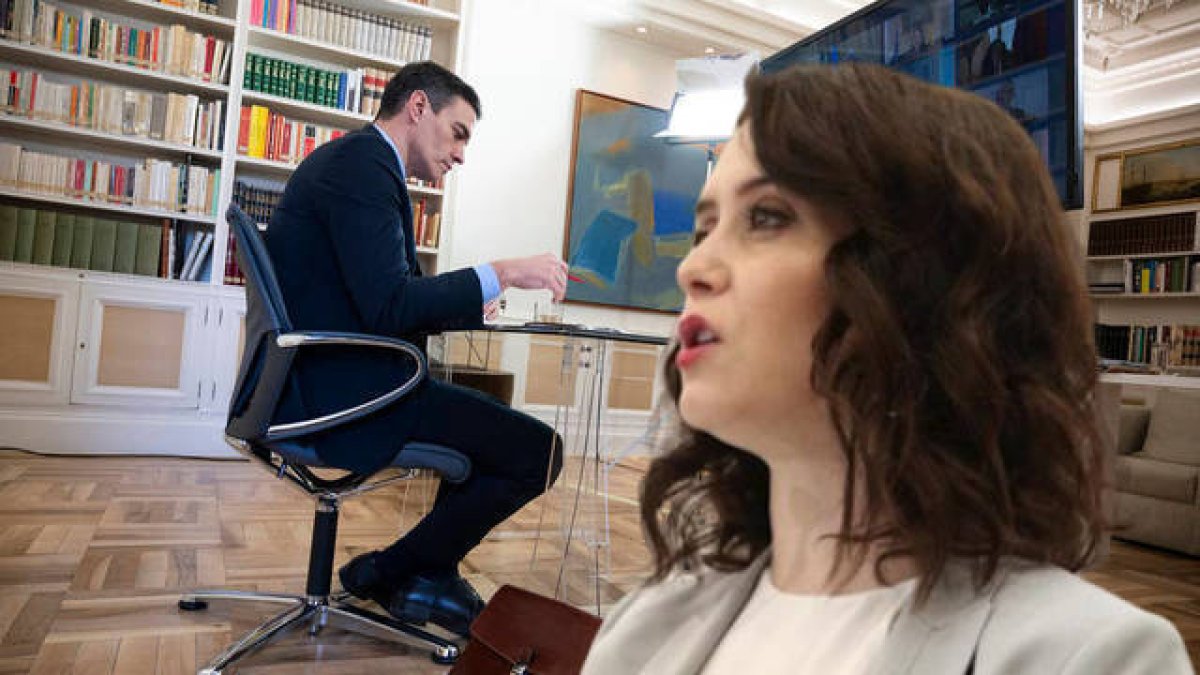 Pedro Sánchez, en una de sus videoconferencias, e Isabel Díaz Ayuso