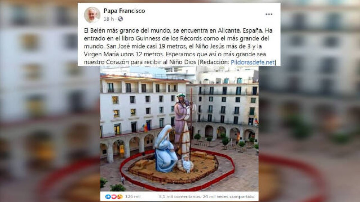 El Papa Francisco ha compartido en su muro una fotografía del Belén Monumental de Alicante que se ha hecho viral