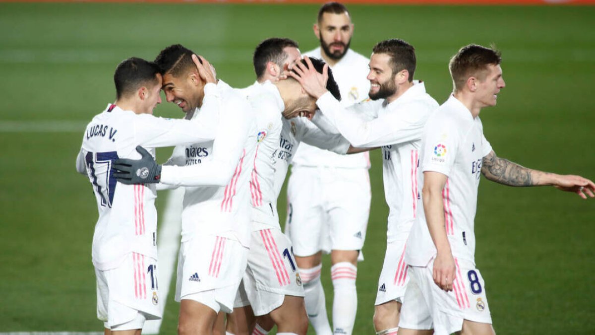Celebración de un gol por parte de los jugadores del Real Madrid.