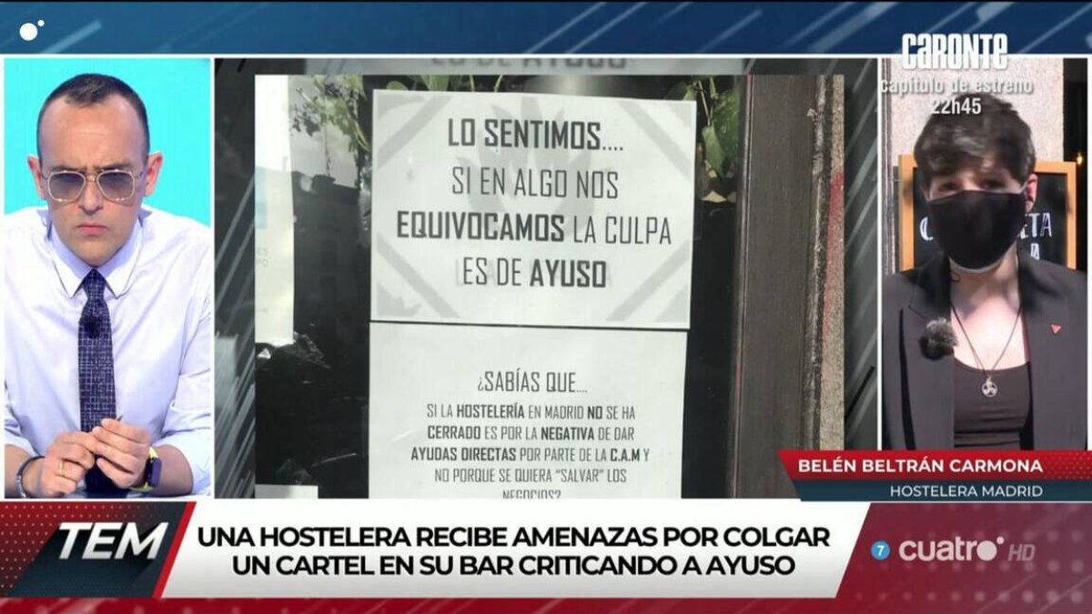 La copropietaria del bar La Lata entrevistada el lunes por Risto Mejide.