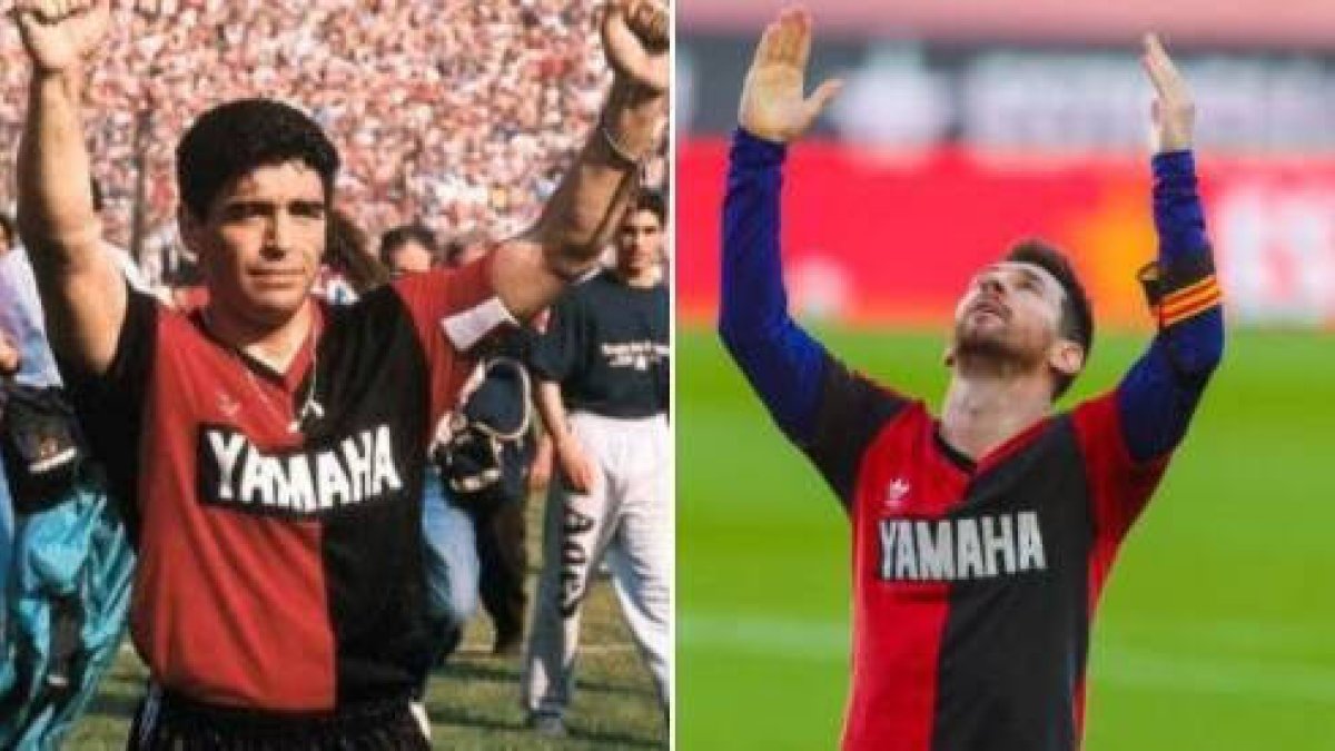 Maradona, con la camiseta de Newell's, y Messi, hoy en el Nou Camp, homenajeando con la misma indumentaria a su ídolo fallecido.