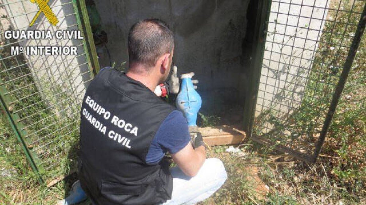 Un agente comprueba el robo en una caseta de riego.