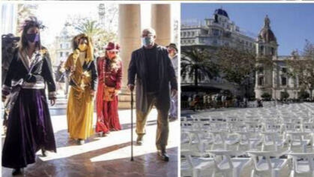 Ribó con las magas republicanas y al lado la plaza del Ayuntamiento vacía durante el acto