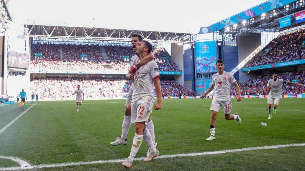 Sarabia, celebra el primer gol de España ante Croacia.