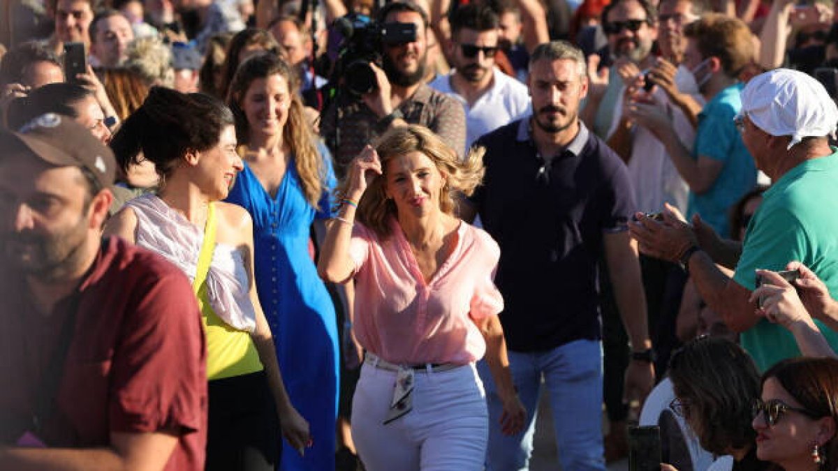 Yolanda Díaz a su llegada al Matadero de Madrid