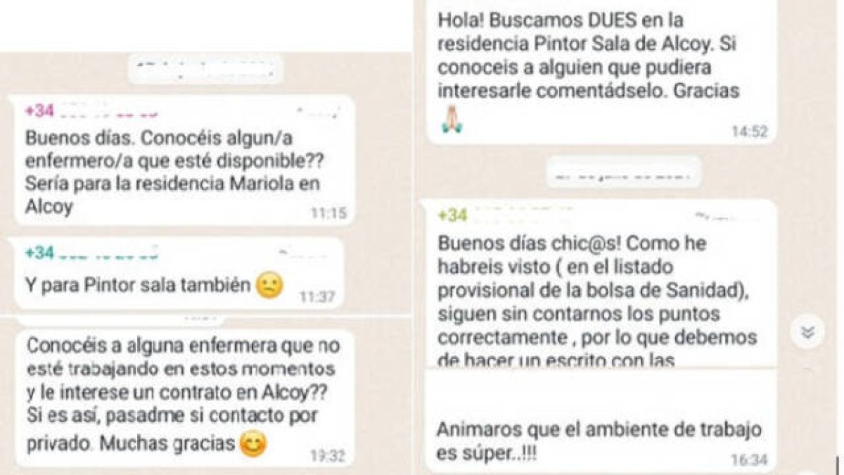 Mensajes de residencias públicas en busca de profesionales a través de WhatsApp.