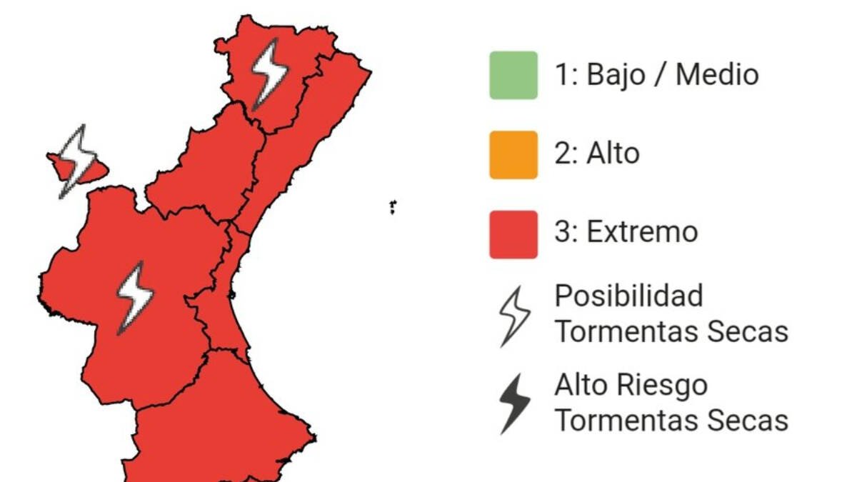 Mapa del nivel de riesgo de incendios del Centro de Coordinación de Emergencias de la GVA.