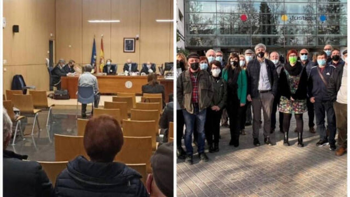 El ex alcalde de Corbera y actual concejal de Compromís, Jordi Vicedo, en el banquillo, y con los dirigentes de Compromís que le arroparon y aplaudieron