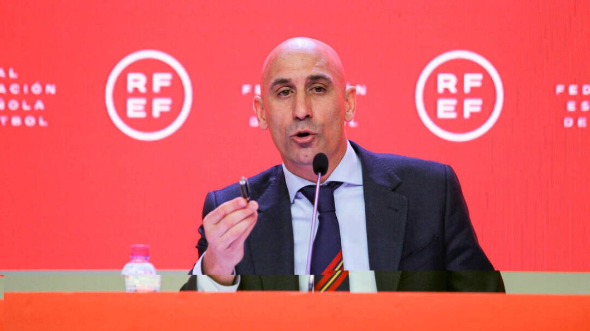 Luis Rubiales, presidente de la Real Federación Española de Fútbol, en la rueda de prensa de hoy.