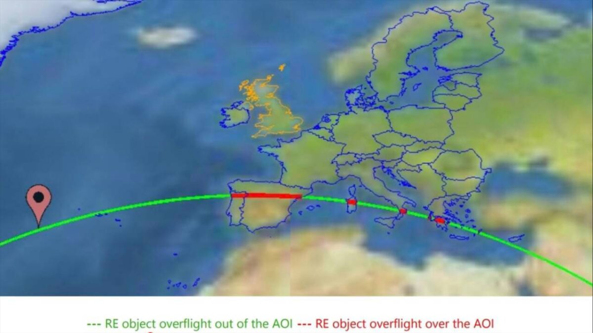 Mapa con el posible recorrido del cohete chino