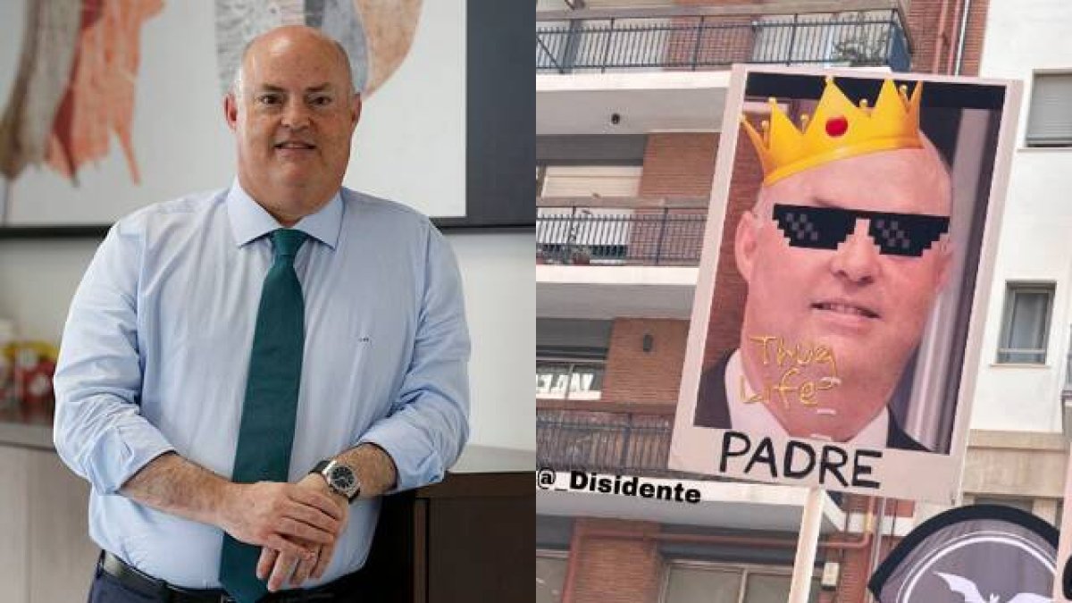 Imagen de Alberto de Rosa y una de las pancartas que se vieron en la manifestación contra Peter Lim.