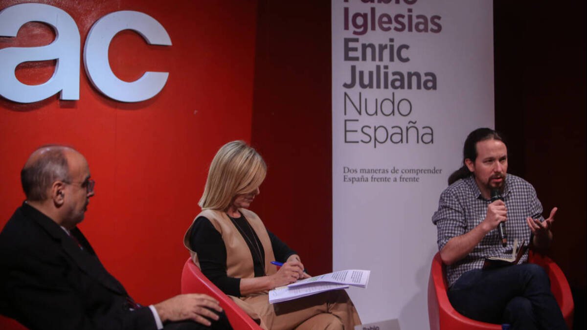 Enric Juliana, Esther Palomera y Pablo Iglesias, en una imagen de 2018.