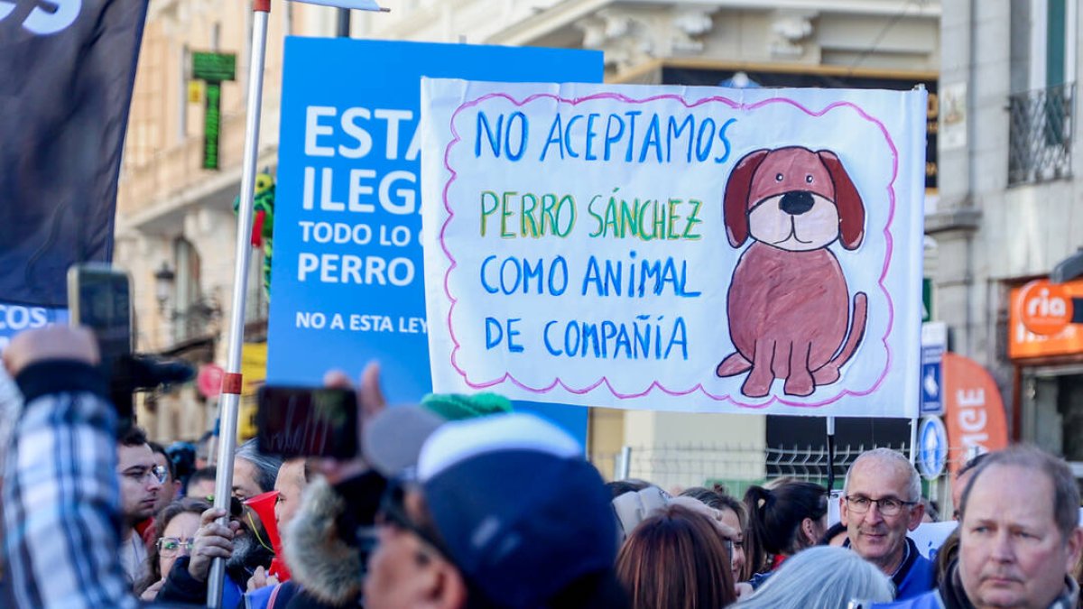 Varias pancartas durante una protesta contra la Ley del Bienestar Animal en Sol, a 5 de febrero de 2023, en Madrid