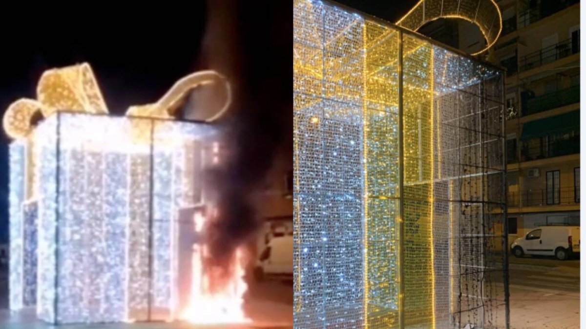 Imagen durante el incendio y de la iluminación tras el incendio.