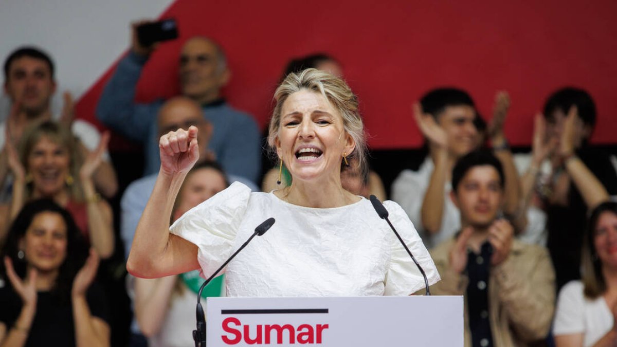 La vicepresidenta segunda, Yolanda Díaz, interviene durante el acto 'Empieza todo' de la plataforma Sumar, en el que Díaz presenta su candidatura para la presidencia del Gobierno.